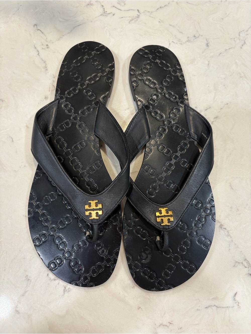 Tory Burch Black Leather Logo Thong Sandals with Small Gold Emblem
